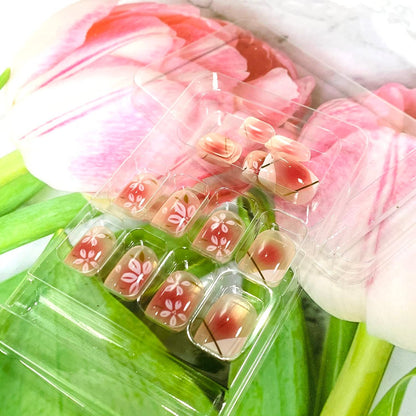 Onsdag Press On Nails Short Square Coffin Shape - Pink Flower Designs Full Cover Reusable False Nails with Glue, Acrylic Fake Nails for Women
