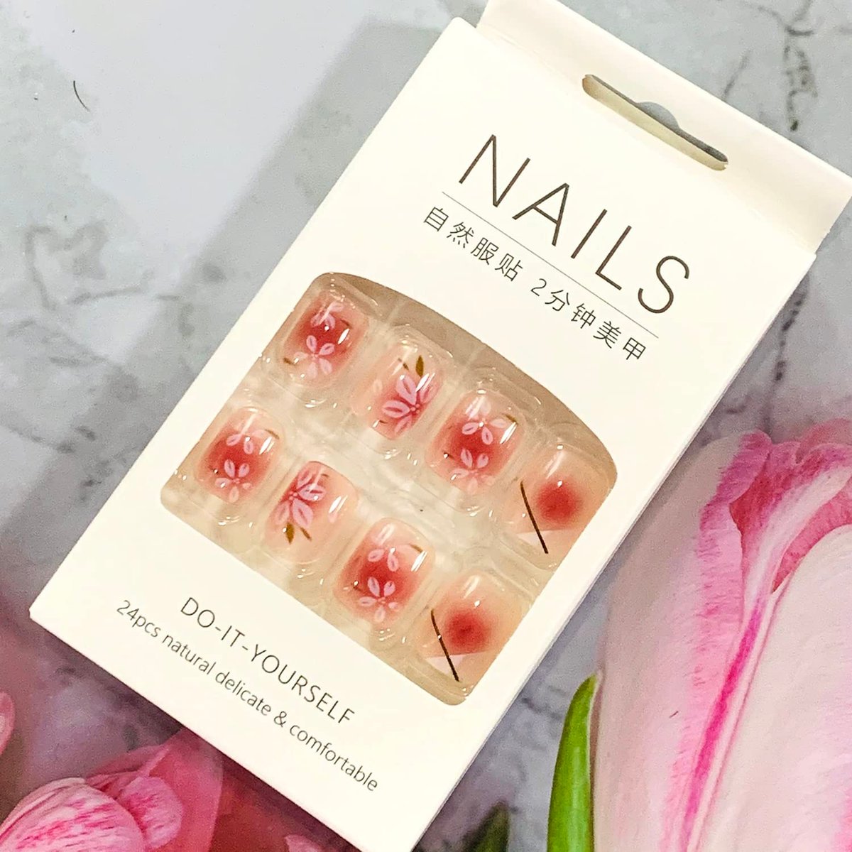 Onsdag Press On Nails Short Square Coffin Shape - Pink Flower Designs Full Cover Reusable False Nails with Glue, Acrylic Fake Nails for Women - görsel 11