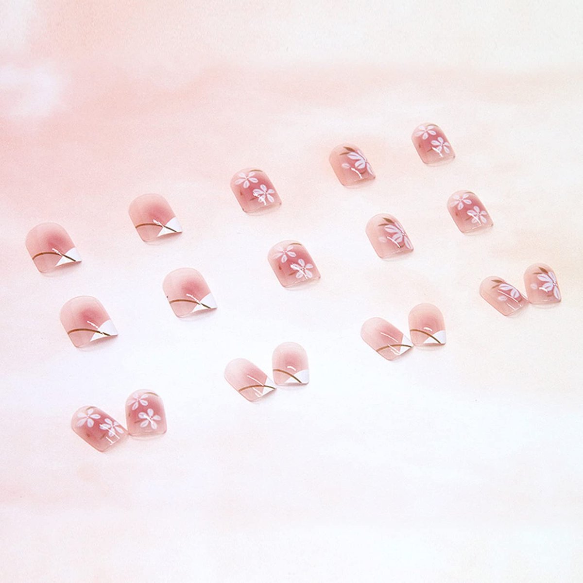 Onsdag Press On Nails Short Square Coffin Shape - Pink Flower Designs Full Cover Reusable False Nails with Glue, Acrylic Fake Nails for Women - görsel 7
