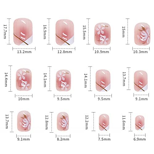 Onsdag Press On Nails Short Square Coffin Shape - Pink Flower Designs Full Cover Reusable False Nails with Glue, Acrylic Fake Nails for Women - görsel 6