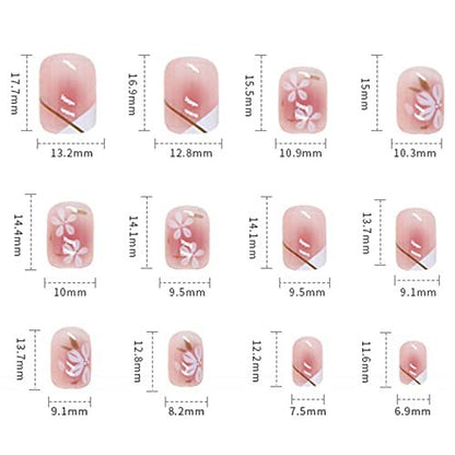 Onsdag Press On Nails Short Square Coffin Shape - Pink Flower Designs Full Cover Reusable False Nails with Glue, Acrylic Fake Nails for Women