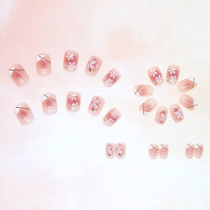 Onsdag Press On Nails Short Square Coffin Shape - Pink Flower Designs Full Cover Reusable False Nails with Glue, Acrylic Fake Nails for Women