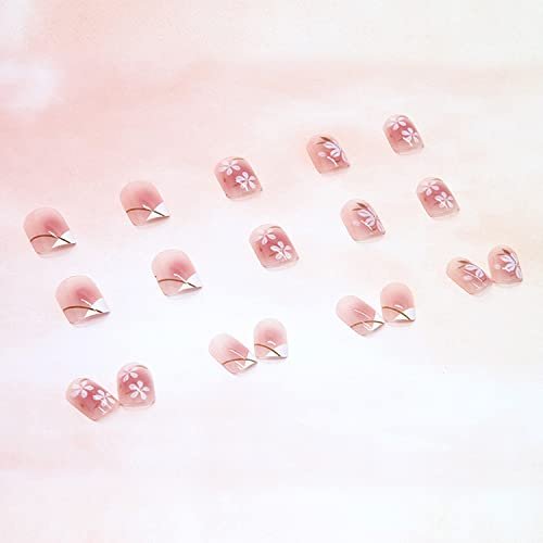 Onsdag Press On Nails Short Square Coffin Shape - Pink Flower Designs Full Cover Reusable False Nails with Glue, Acrylic Fake Nails for Women - görsel 8