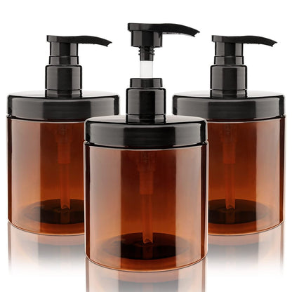 Hethyo 3-Pack 600ml/20oz Refillable Brown Plastic Pump Bottles – BPA-Free Wide Mouth Jar Style Dispensers for Lotion, Shampoo, Conditioner Avelisse