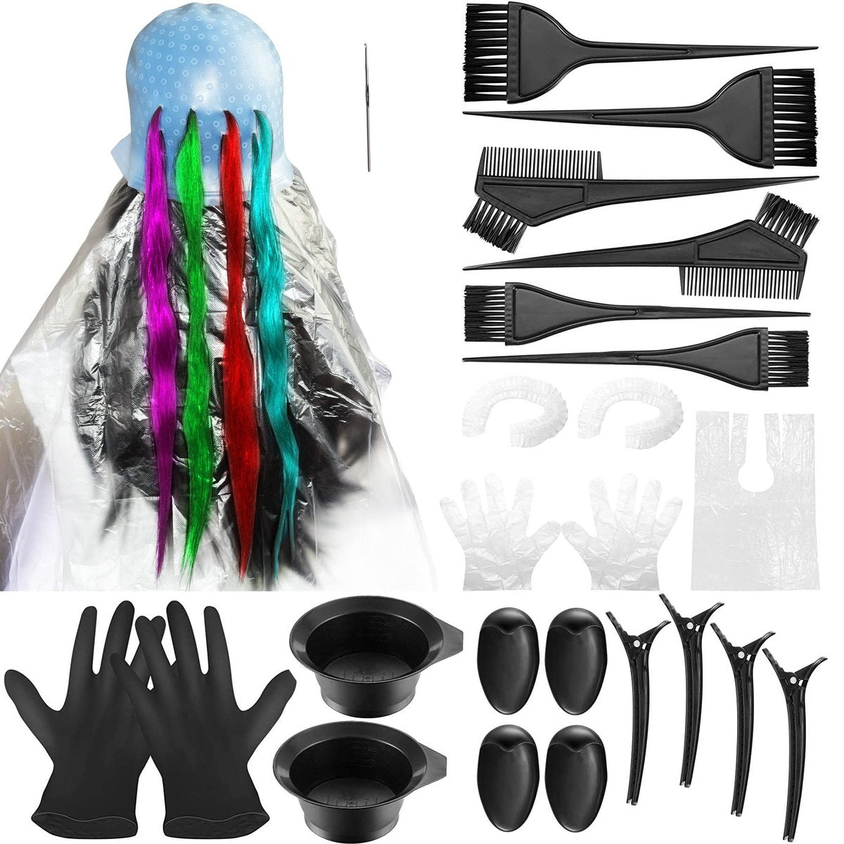 24 Pcs Silicone Highlight Caps for Hair Coloring – Reusable Highlighting Caps with Hook & Salon Dyeing Tools Set for Women & Men - görsel 1