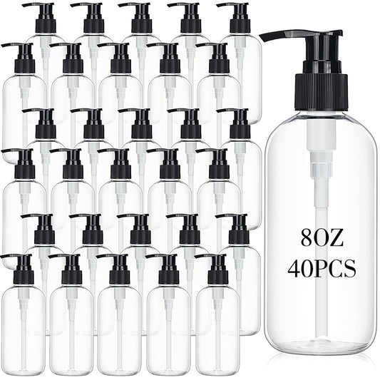 Norme 40-Piece Empty Pump Bottle 8 oz Clear Refillable Plastic Bottles with Pump Dispenser - Travel Lotion Container for Shampoo, Hand Soap, Body Oil, Moisturizer, Face Cream, Liquid Avelisse