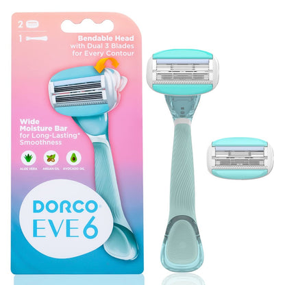 Dorco EVE6 Razors for Extra Smooth Shaving | 1 Razor Handle & 2 Blade Refills | 6 Curved Blades with Flexible Aloe Vera Moisture Bar | Interchangeable Cartridges for Sensitive Skin Avelisse