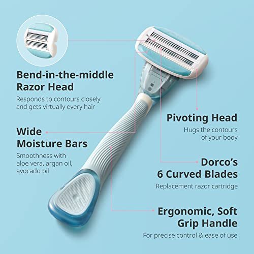 Dorco EVE6 Razors for Extra Smooth Shaving | 1 Razor Handle & 2 Blade Refills | 6 Curved Blades with Flexible Aloe Vera Moisture Bar | Interchangeable Cartridges for Sensitive Skin Avelisse