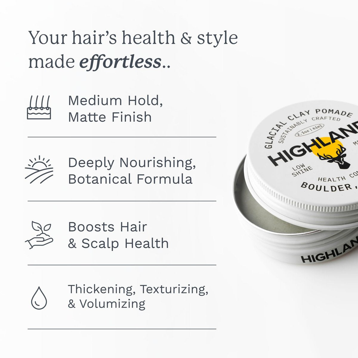 Highland Glacial Hair Clay Pomade - Award Winning Natural Hair Styling Clay for Men and Women, Medium Hold, Low Shine, 2.1 oz Avelisse