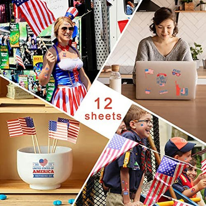 50 Pcs 4th of July Temporary Tattoos for Kids & Adults – Patriotic USA Independence Day Stickers – 12 Sheets – Party Favors & Decorations