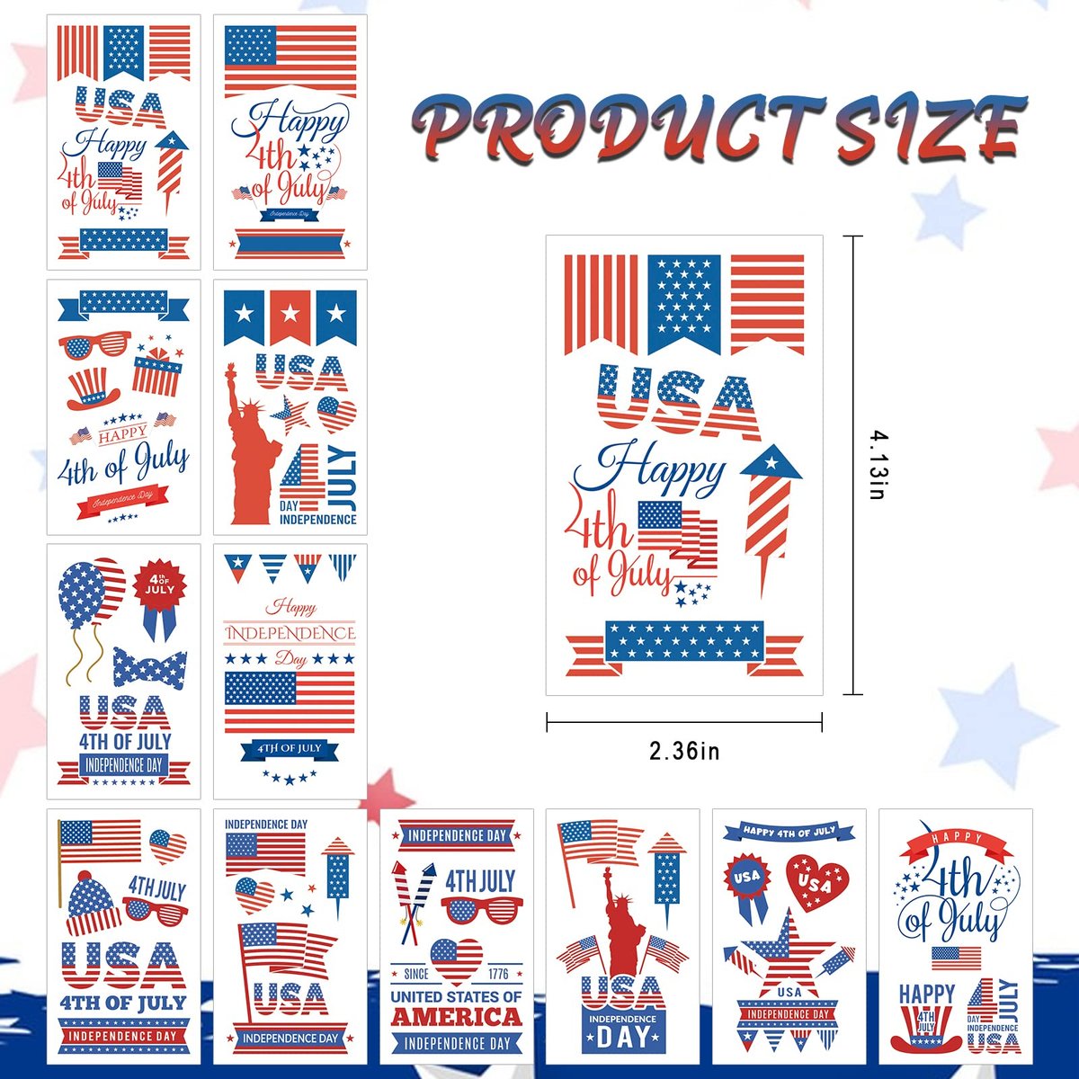 50 Pcs 4th of July Temporary Tattoos for Kids & Adults – Patriotic USA Independence Day Stickers – 12 Sheets – Party Favors & Decorations - görsel 3