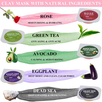 Aaenouicfs Clay Mask Set 20 Pods – Green Tea, Turmeric, Dead Sea Mud, Rose, 24K Gold, Eggplant, Avocado – Deep Cleansing Face Mask for Blackhead Removal, Men & Women