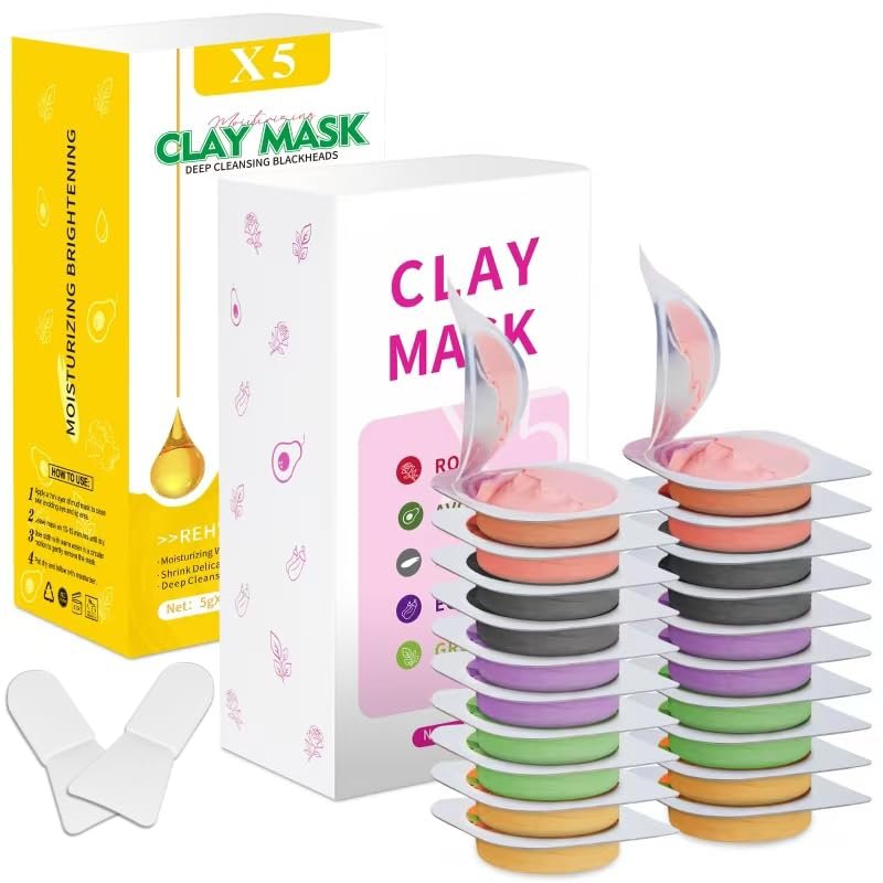 Aaenouicfs Clay Mask Set 20 Pods – Green Tea, Turmeric, Dead Sea Mud, Rose, 24K Gold, Eggplant, Avocado – Deep Cleansing Face Mask for Blackhead Removal, Men & Women - görsel 1