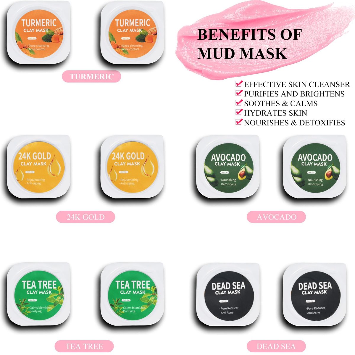 Aaenouicfs Clay Mask Set 20 Pods – Green Tea, Turmeric, Dead Sea Mud, Rose, 24K Gold, Eggplant, Avocado – Deep Cleansing Face Mask for Blackhead Removal, Men & Women - görsel 2