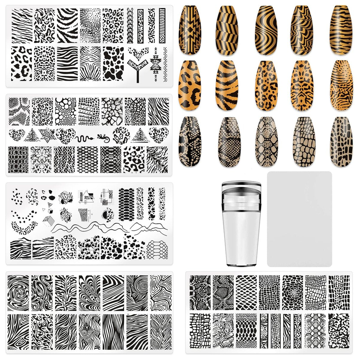 HYWWPFLAY 5-Piece Leopard Print Nail Stamping Plates Set with Stamper & Scraper – Stainless Steel Nail Art Templates for DIY Design Avelisse