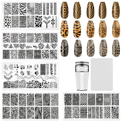 HYWWPFLAY 5-Piece Leopard Print Nail Stamping Plates Set with Stamper & Scraper – Stainless Steel Nail Art Templates for DIY Design Avelisse