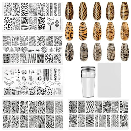 HYWWPFLAY 5-Piece Leopard Print Nail Stamping Plates Set with Stamper & Scraper – Stainless Steel Nail Art Templates for DIY Design Avelisse