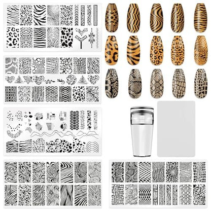 HYWWPFLAY 5-Piece Leopard Print Nail Stamping Plates Set with Stamper & Scraper – Stainless Steel Nail Art Templates for DIY Design Avelisse
