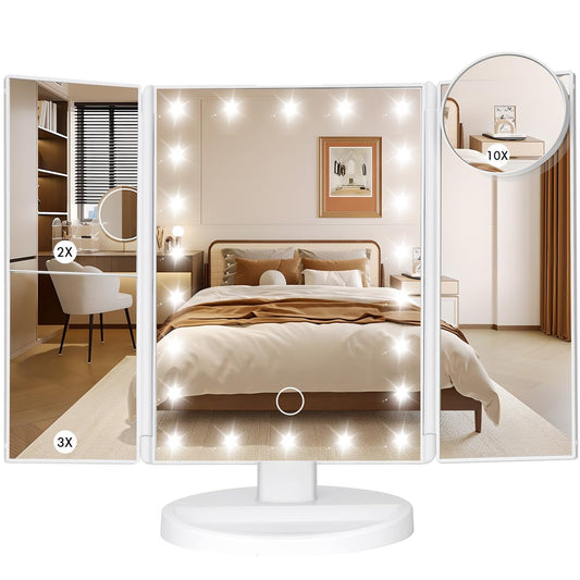 LeeWent Makeup Mirror with Lights - Trifold Vanity Mirror with 1X/2X/3X/10X Magnification, Touch Screen, Adjustable Brightness, Two Power Supply Modes, White Avelisse