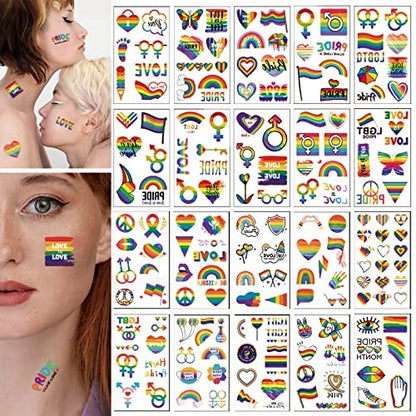 200+ Pcs Pride Tattoos - 20 Sheets Waterproof Rainbow Flag Temporary Tattoos for Pride Equality Parades and Celebrations
