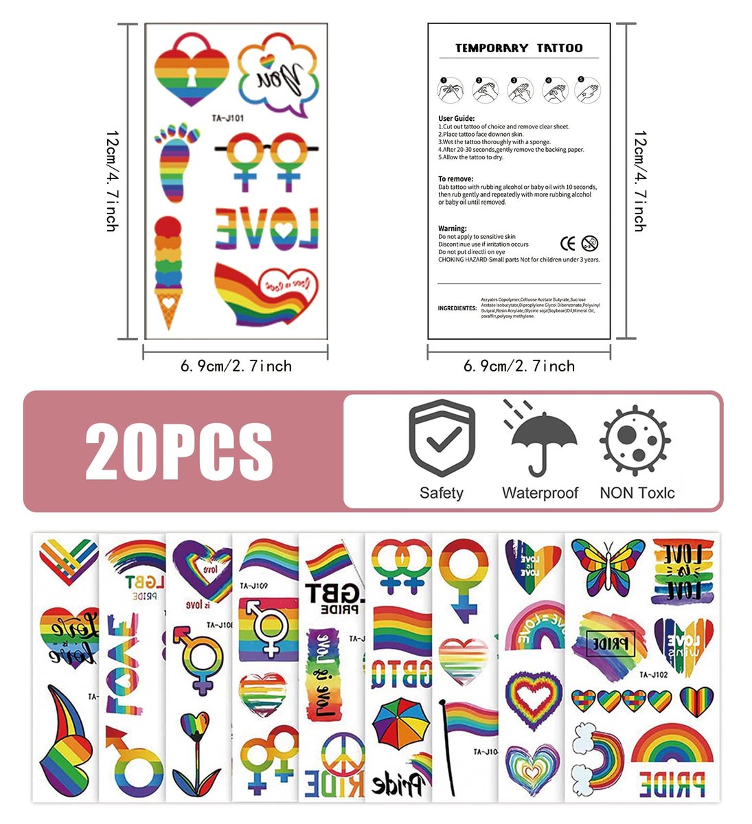 200+ Pcs Pride Tattoos - 20 Sheets Waterproof Rainbow Flag Temporary Tattoos for Pride Equality Parades and Celebrations - görsel 7