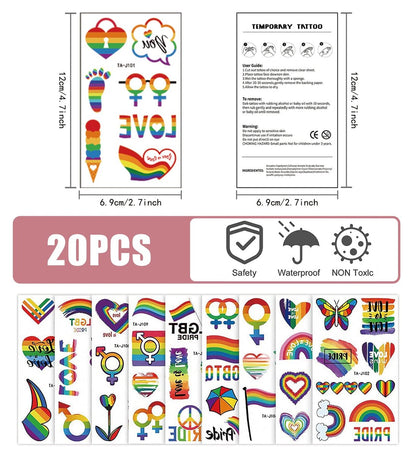 200+ Pcs Pride Tattoos - 20 Sheets Waterproof Rainbow Flag Temporary Tattoos for Pride Equality Parades and Celebrations