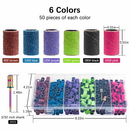 Difenni 300-Piece Sanding Bands for Nail Drill – 6 Grits (80-240) with 3/32" Mandrel, Aluminum Oxide