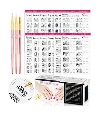 Nail Art Practice Book with 3 Rose Gold Liner Pens & 360 Nail Wipes – White Acrylic Design Learning Template for Beginners Avelisse