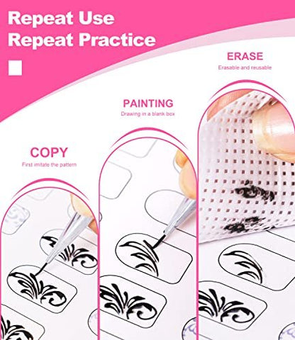 Nail Art Practice Book with 3 Rose Gold Liner Pens & 360 Nail Wipes – White Acrylic Design Learning Template for Beginners Avelisse