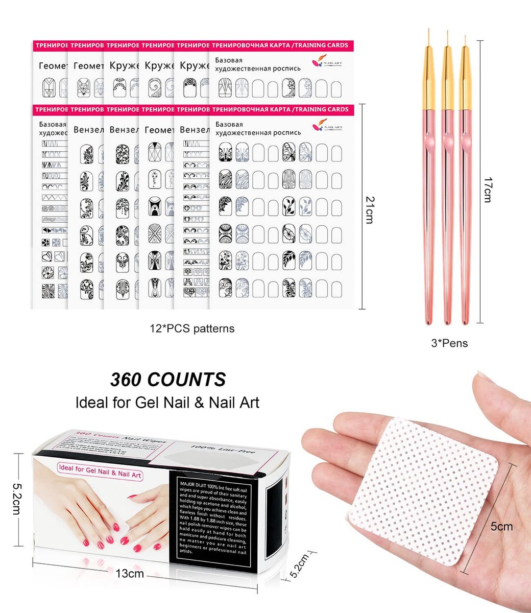 Nail Art Practice Book with 3 Rose Gold Liner Pens & 360 Nail Wipes – White Acrylic Design Learning Template for Beginners Avelisse
