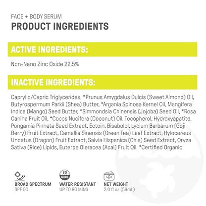 Raw Elements Face + Body Serum SPF 50 All-Natural Mineral Sunscreen - Reef Safe, Water Resistant, Broad Spectrum UVA/UVB Protection, Safe For All Ages, Travel Size 2oz Avelisse