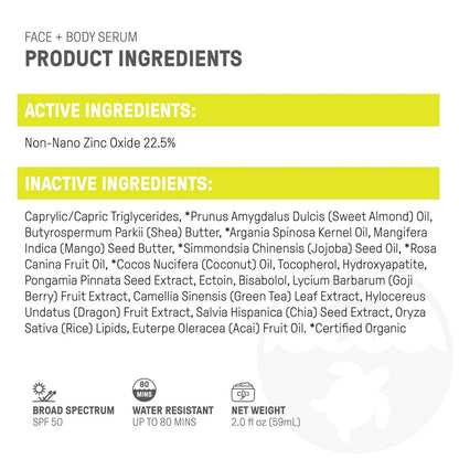 Raw Elements Face + Body Serum SPF 50 All-Natural Mineral Sunscreen - Reef Safe, Water Resistant, Broad Spectrum UVA/UVB Protection, Safe For All Ages, Travel Size 2oz Avelisse