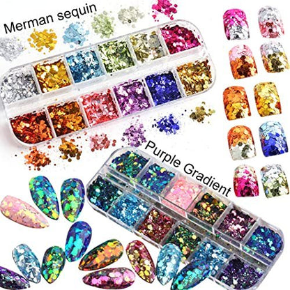UARUOGP 24 Colors Chameleon Holographic Glitter Nail Art Sequins - 3D Flakes Laser Gradient Shiny Glitters for Manicure DIY