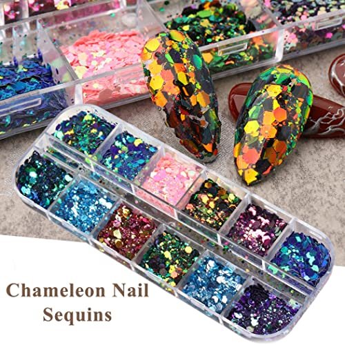 UARUOGP 24 Colors Chameleon Holographic Glitter Nail Art Sequins - 3D Flakes Laser Gradient Shiny Glitters for Manicure DIY - görsel 5