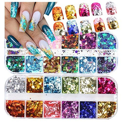 UARUOGP 24 Colors Chameleon Holographic Glitter Nail Art Sequins - 3D Flakes Laser Gradient Shiny Glitters for Manicure DIY
