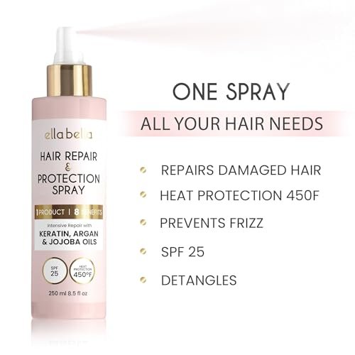 ELLA BELLA® All-in-1 Heat Protectant Spray for Hair – Repair, Protect & Nourish with UV Shield, Argan Oil, Jojoba & Keratin – Cruelty-Free Professional Heat Protection (8.5 Fl Oz) Avelisse
