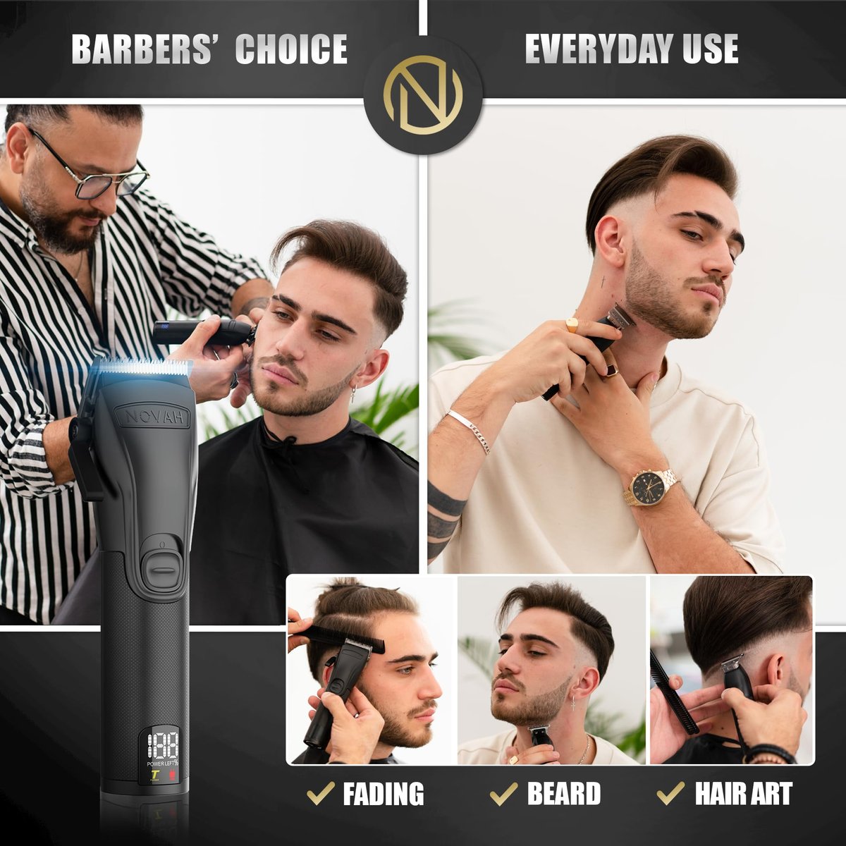 Novah Professional Hair Clippers for Men - Cordless Barber Clipper with Metal Body, Matte Black Avelisse