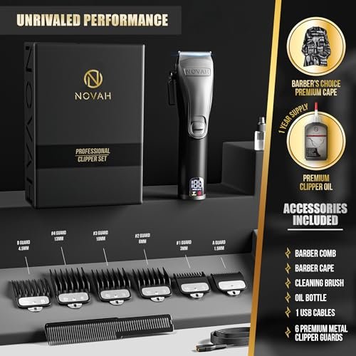 Novah Professional Hair Clippers for Men - Cordless Barber Clipper with Metal Body, Matte Black Avelisse