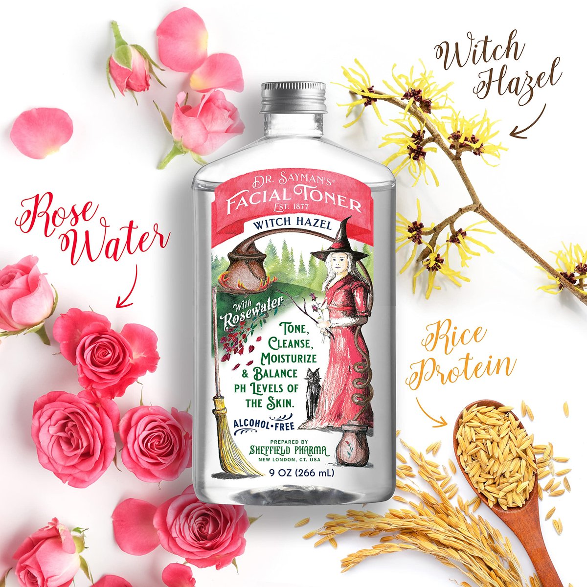 Alcohol-Free Facial Toner with Witch Hazel, Rosewater & Rice Protein – Dr. Saymans Hydrating Toner, 9 oz Avelisse