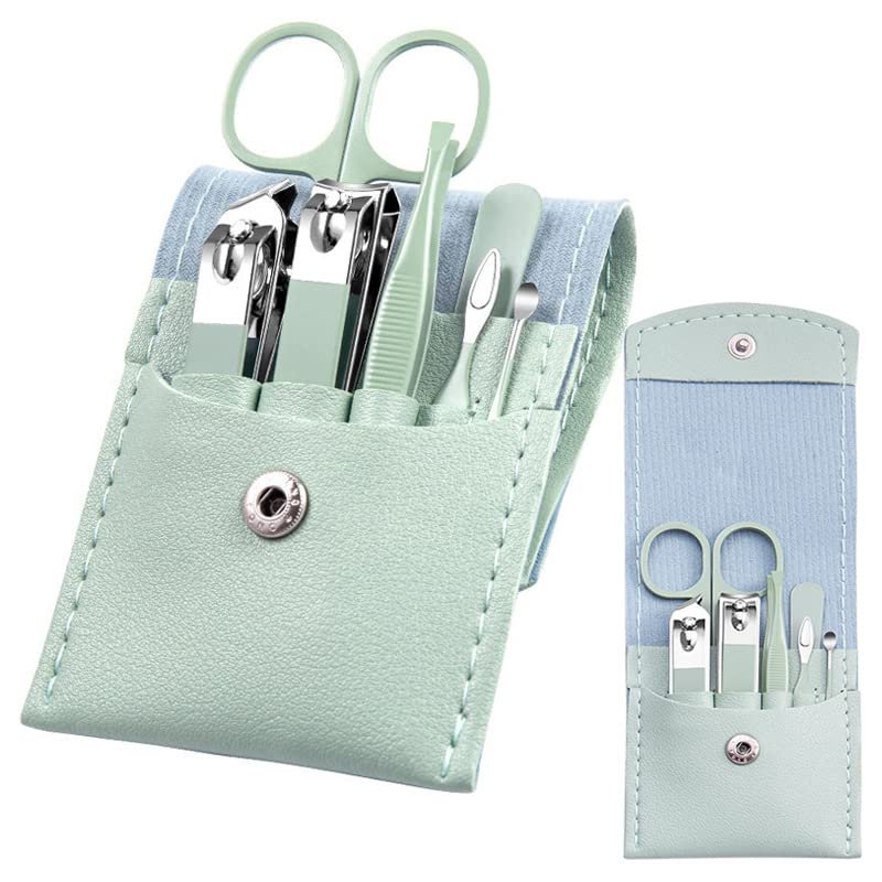 7-Piece Professional Manicure Set with Green Leather Travel Case – Stainless Steel Nail Clippers Kit for Women - görsel 1