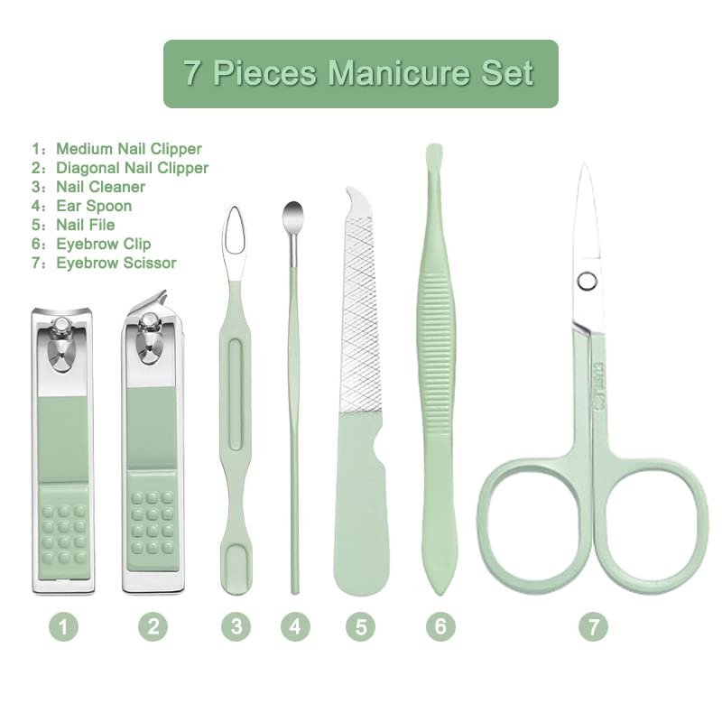 7-Piece Professional Manicure Set with Green Leather Travel Case – Stainless Steel Nail Clippers Kit for Women - görsel 2
