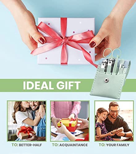 7-Piece Professional Manicure Set with Green Leather Travel Case – Stainless Steel Nail Clippers Kit for Women - görsel 10