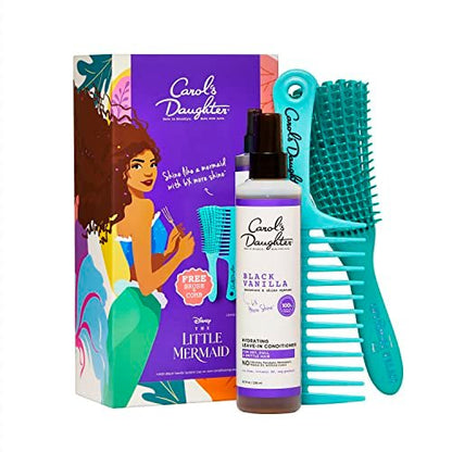 Carol's Daughter x Disney The Little Mermaid Hair Care Gift Set for Curly Hair - Black Vanilla Leave In Conditioner Spray, Kid's Brush and Comb, 8 Fl Oz