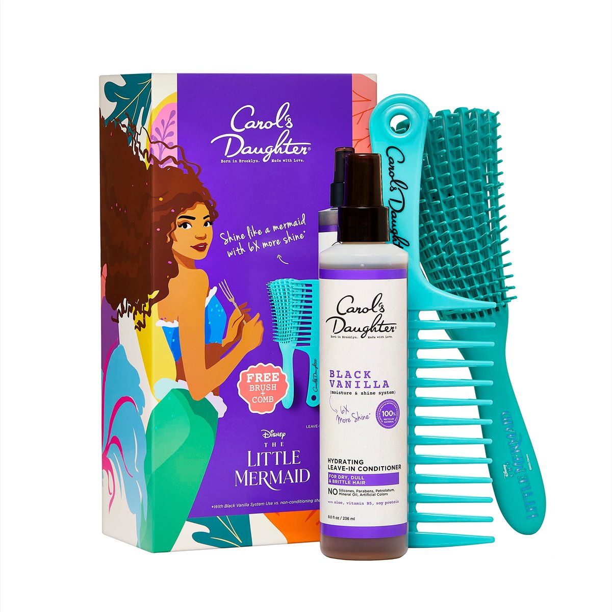Carol's Daughter x Disney The Little Mermaid Hair Care Gift Set for Curly Hair - Black Vanilla Leave In Conditioner Spray, Kid's Brush and Comb, 8 Fl Oz - görsel 2