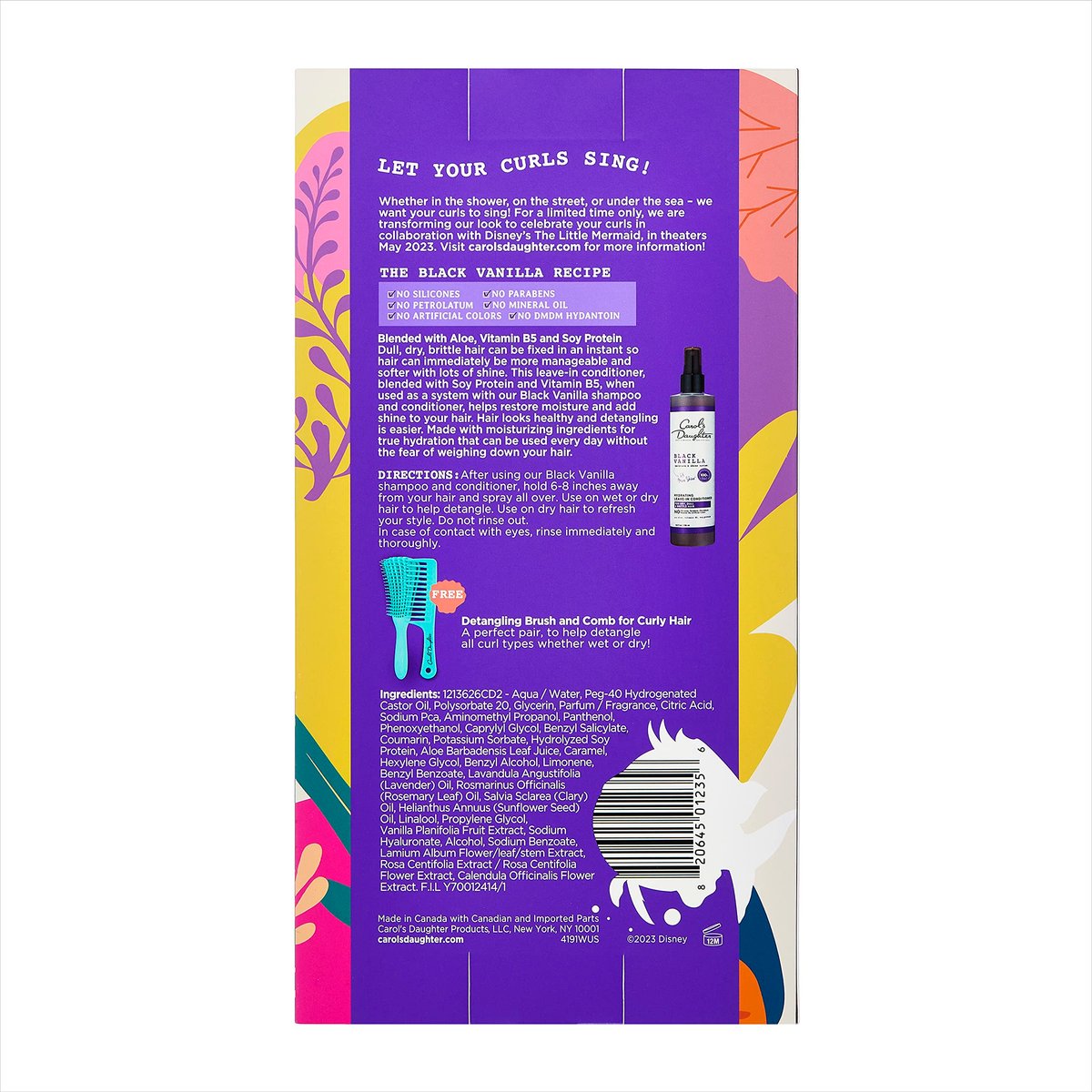 Carol's Daughter x Disney The Little Mermaid Hair Care Gift Set for Curly Hair - Black Vanilla Leave In Conditioner Spray, Kid's Brush and Comb, 8 Fl Oz - görsel 6