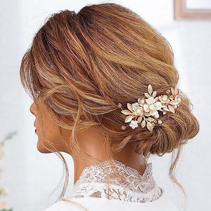 JAKAWIN Gold Hair Clip Bridal Hair Accessories Flower Hair Piece for Women - Elegant Metal Hair Clip (Gold) Avelisse