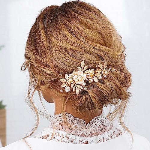 JAKAWIN Gold Hair Clip Bridal Hair Accessories Flower Hair Piece for Women - Elegant Metal Hair Clip (Gold) Avelisse