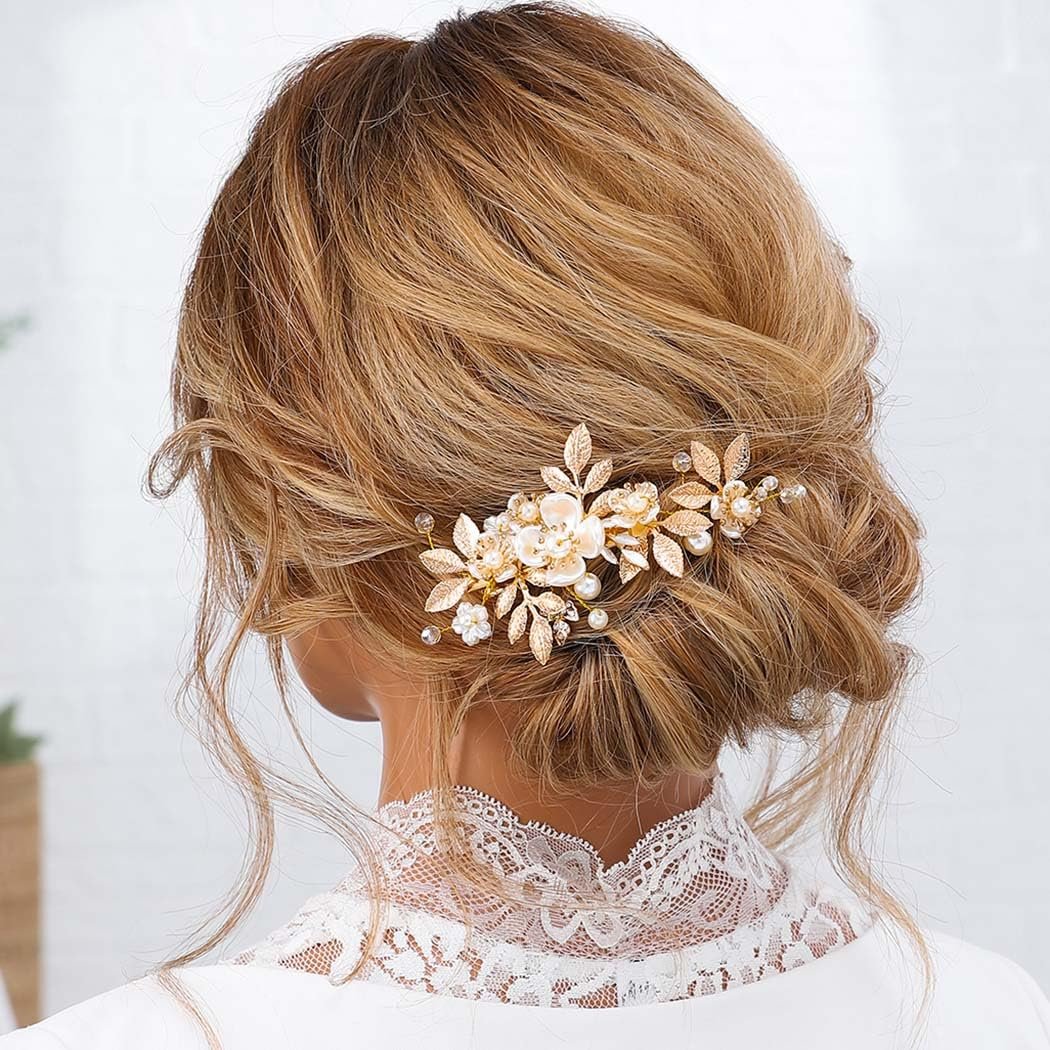 JAKAWIN Gold Hair Clip Bridal Hair Accessories Flower Hair Piece for Women - Elegant Metal Hair Clip (Gold) Avelisse