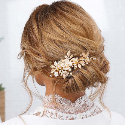 JAKAWIN Gold Hair Clip Bridal Hair Accessories Flower Hair Piece for Women - Elegant Metal Hair Clip (Gold) Avelisse