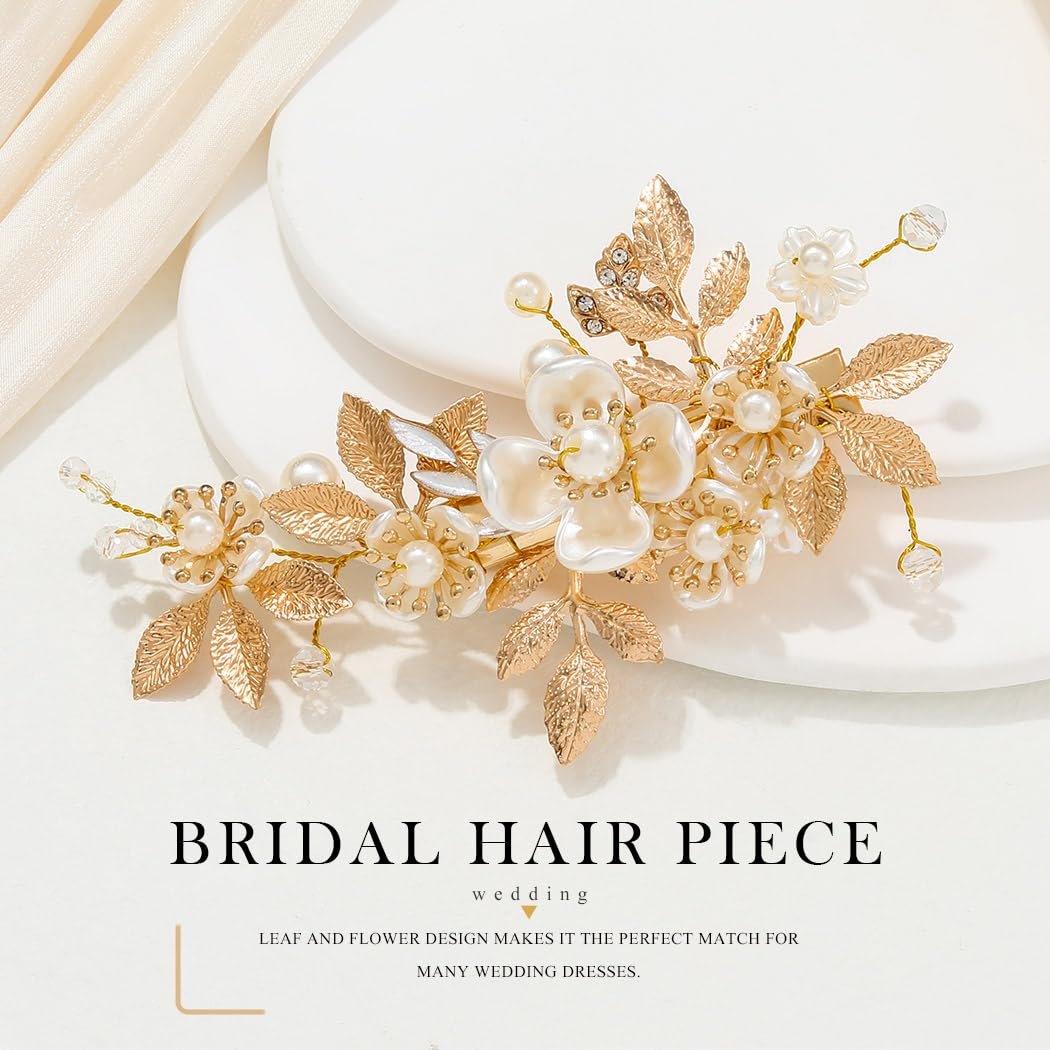 JAKAWIN Gold Hair Clip Bridal Hair Accessories Flower Hair Piece for Women - Elegant Metal Hair Clip (Gold) Avelisse